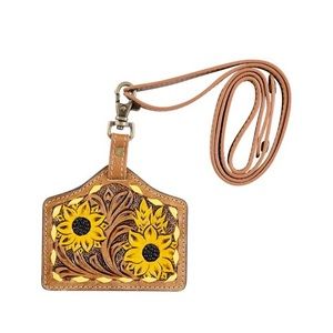 NWT Tooled Leather Card Holder/Lanyard with Sunflower